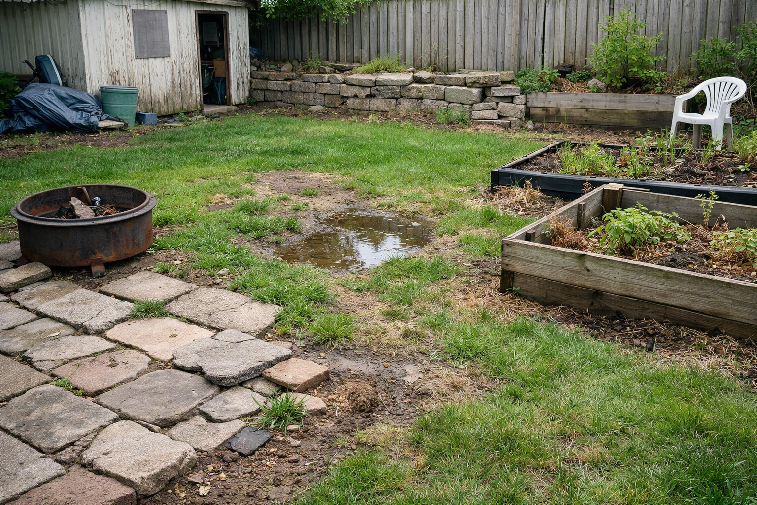 Neglected backyard with weathered elements
